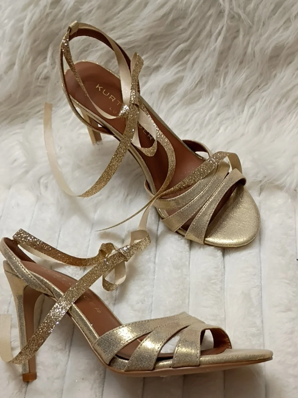 Kurt Geiger London Festive Metallic Gold High Heel Sandals SZ EU 36 W/flaw